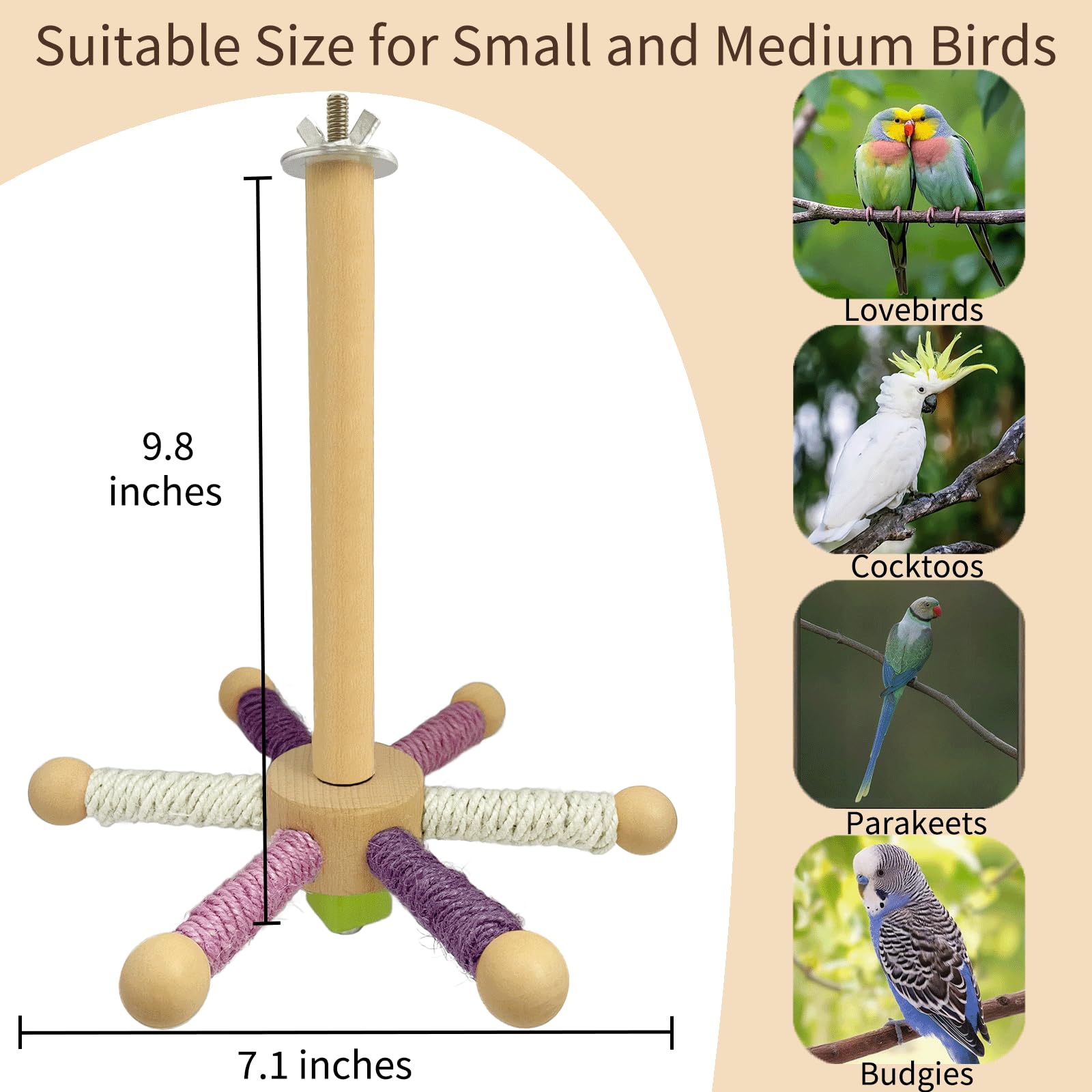 Hivovannn Bird Perch Toy, Parrot 360° Rotating Stand Perch, Wooden Interactive Wheel Parakeet Toy Bird Cage Accessories for Small and Medium Lovebirds Conures Finches Budgies-White