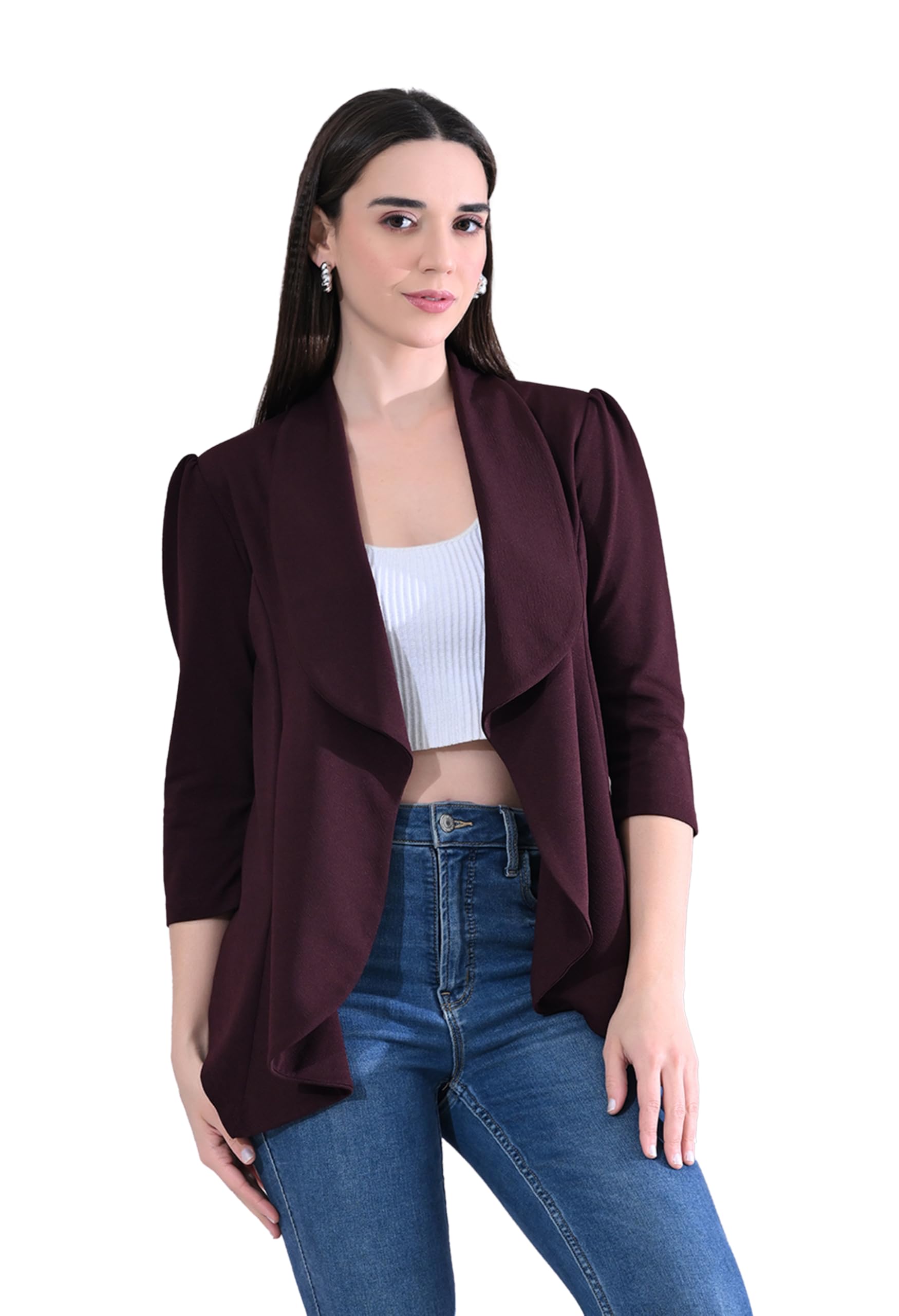 Cotton Blend Women's Single Breasted Relaxed Fit Shawl Collar 3/4 Sleeve Blazer-image-41