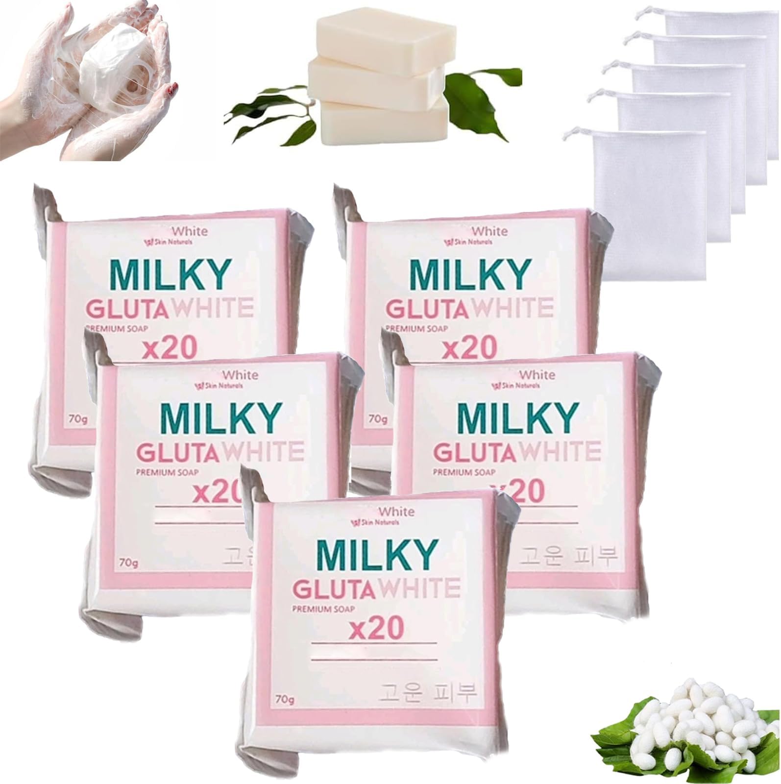 Milky Gluta White Soap 20x, Milky Gluta White Soap, Glutamilk 𝐖𝐡𝐢𝐭𝐞𝐧𝐢𝐧𝐠 Soaps, Glutamilk Premium BarSoap for Face & Body, Deep Cleanse, Exfoliate & Hydrated (5PCS)