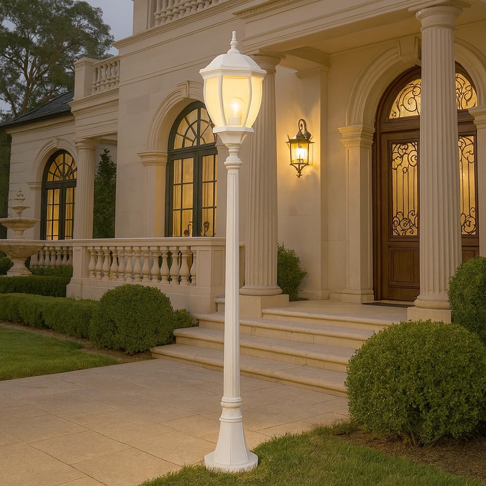 Vetrineinrete® Lampione da giardino con palo lanterna da terra luce per esterno in alluminio e vetro con portalampada per vialetti E27 ES35-B (Bianco) P31