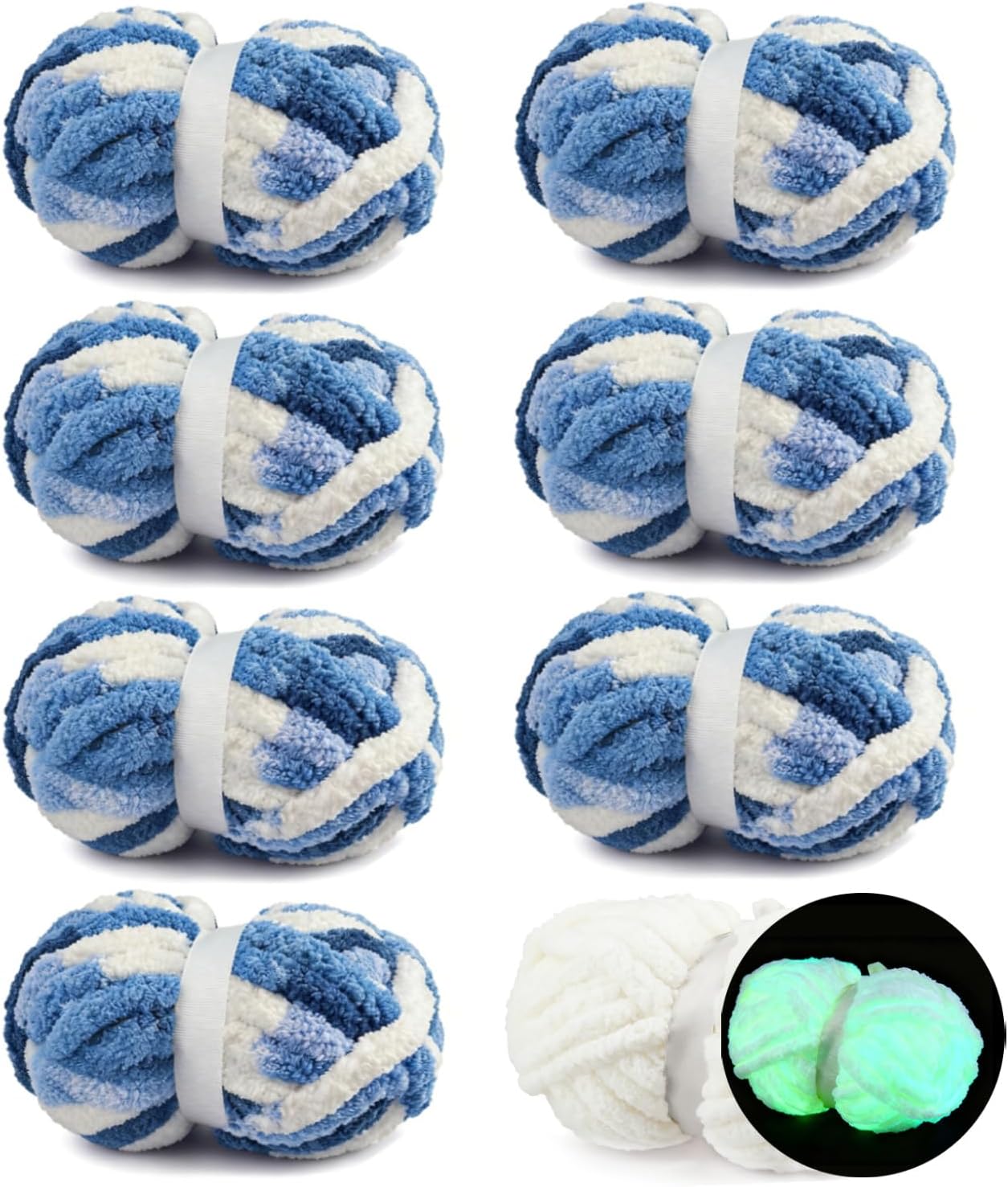8 Pack Chunky Yarn for Hand Knitting, Jumbo Big Thick Chenille Yarns for Crocheting, Bulky Fluffy Blanket Yarn Include 1 Glow in The Dark and 7 Tie Dye Skeins, 221 yds 60.8 oz(Navy Blue,Blue&White)