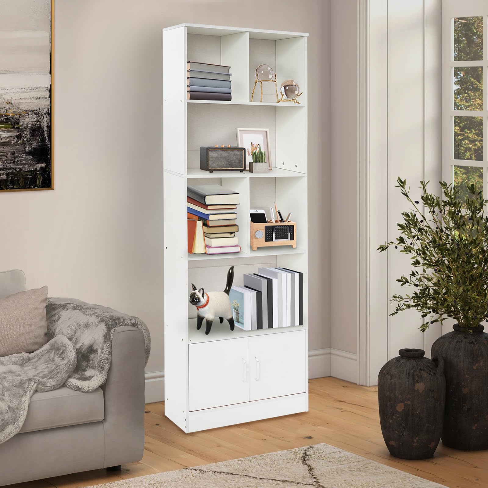 Estantería, estantería con 2 puertas, 6 compartimentos, estantería alta con 5 niveles, estantería escalonada, estantería de pie, para salón, oficina, cocina, 60 x 23 x 178,2 cm, color blanco