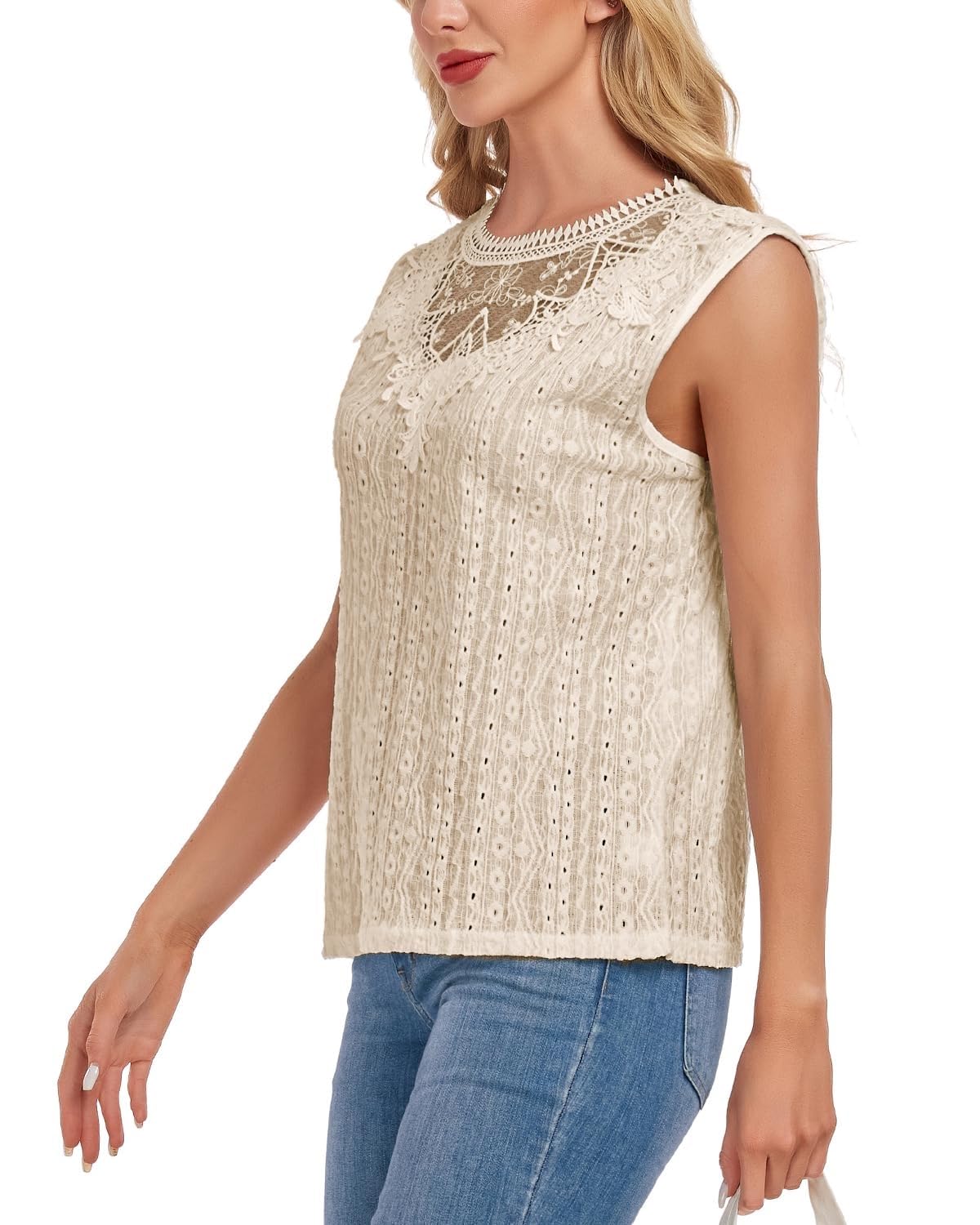Canotte a Tunica con Buco della Serratura sul Retro Senza Maniche da Donna, Camicette Casual in Pizzo(Apricot,S)