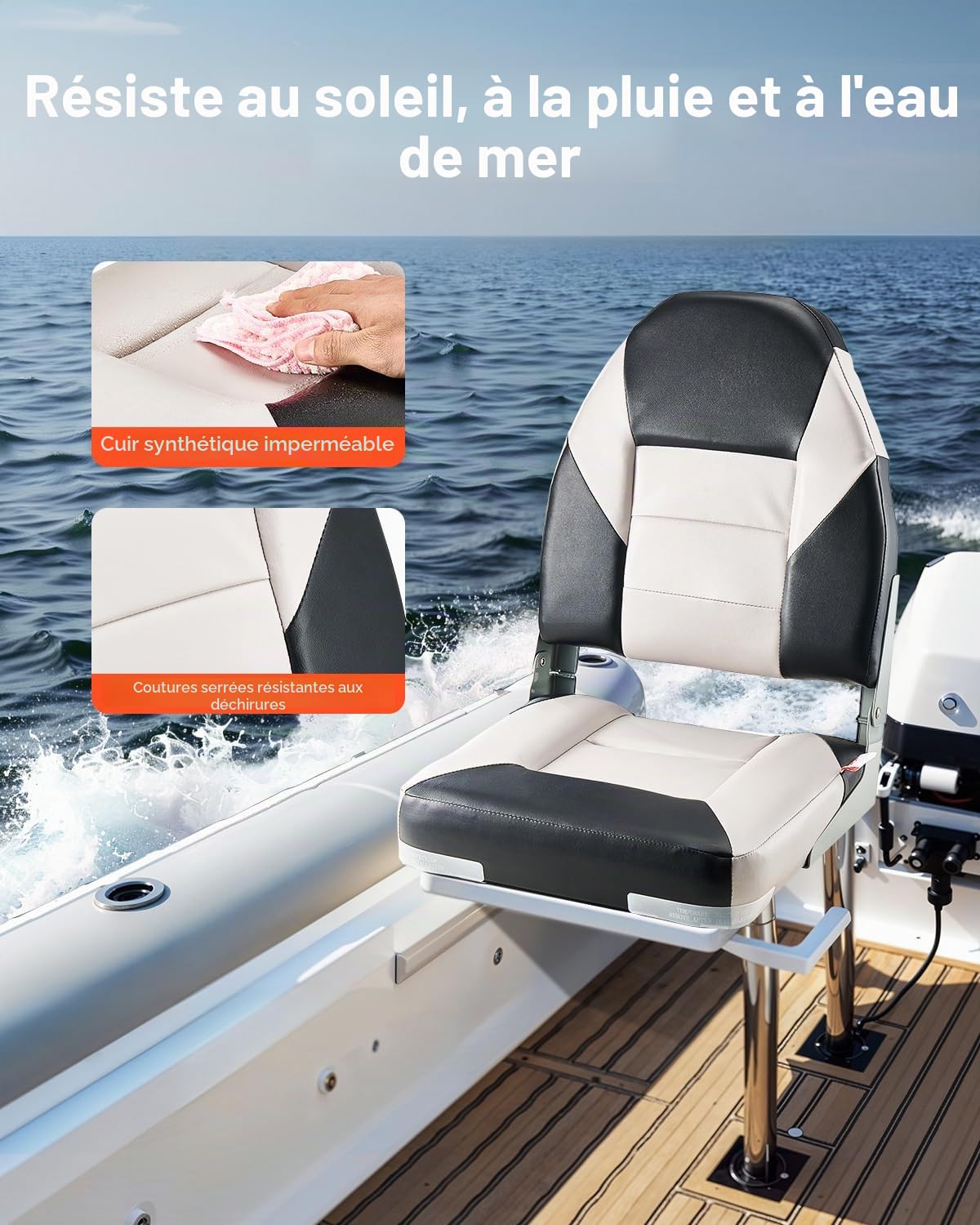 VEVOR Siège de Bateau à Dossier Haut, Support de Siège de Bateau Pliable, avec Coussin en Éponge Épais et Cuir PVC, Charnières en Alliage d'Aluminium, pour Pêche, Yachts, Navires, Noir et Gris