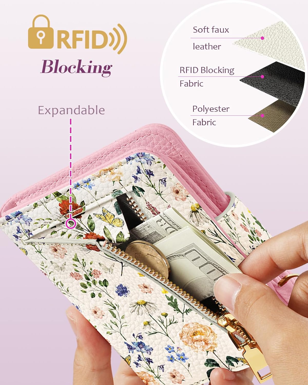 Bistup Wallet for Women Cute Small Card Wallet Genuine Leather Rfid with Keychain for Ladies Teen Girls Female Girly Aesthetic Flower Floral Unique Kawaii Pretty Modern Bifold Credit Card Holder - Image 4