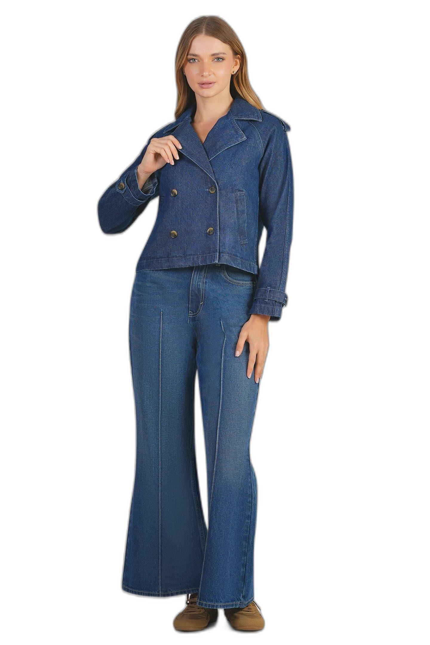 virgio Women’s Tailored Faded Denim Blazer – Regular Fit Winter Airport Look Jacket with Chest Pocket & Partial Lapel Collar, Preppy Denim Style, Button Closure, Casual Workwear-picture-26