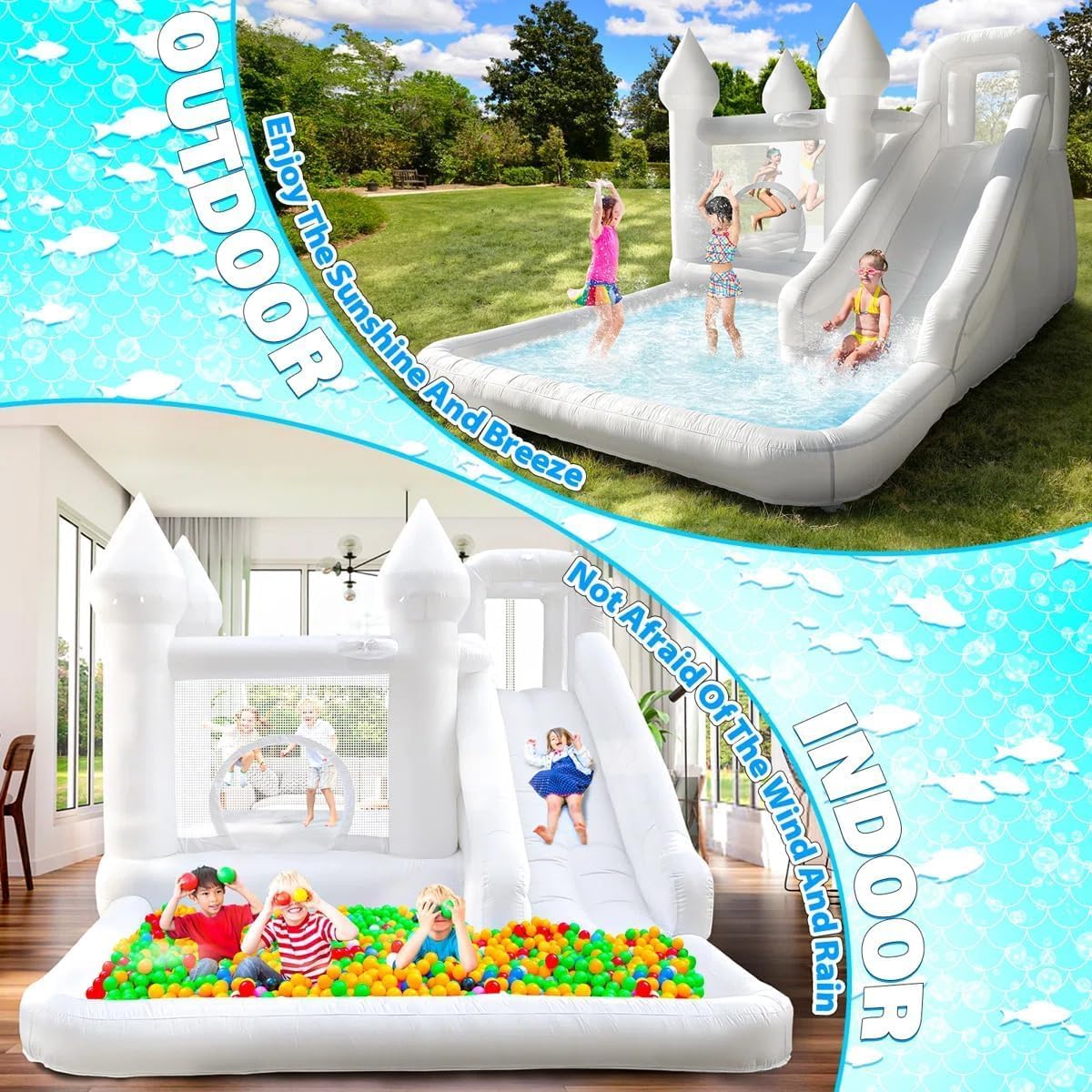 14ft Inflatable Water Slide Bounce House, Oxford Water Slide with Slide and Ball Pool/Pit, White Bounce House with Air Blower for Kids Summer Outdoor Fun