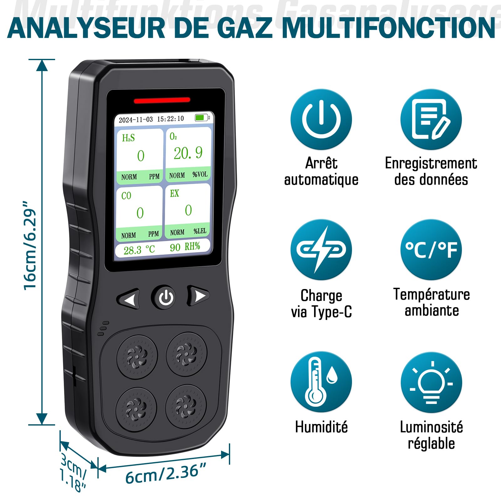 Détecteur De 4 Gaz, Moniteur 4 Gaz Rechargeable pour H2S, CO, LEL, O2 avec Alarme Sonore, Lumineuse Et Vibrante, Noir