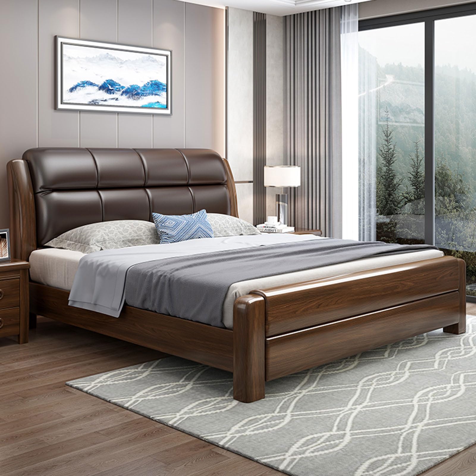 Vintage Leather Full Size Bed Frame King Size Upholstered Platform Bed Frame with Heavy Duty Wooden Slat Support