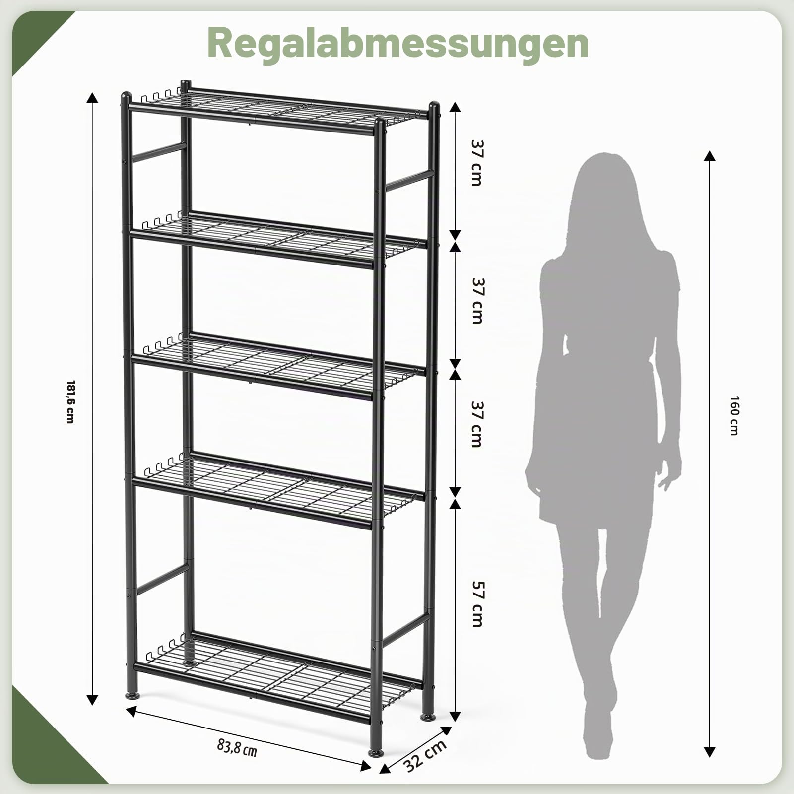 KINGRACK 5 Etagen Metallregal mit Gitter-Ablagen und Seitenhaken, Hohes Küchenregal Standregal für Küche Bad Wohnzimmer Büro