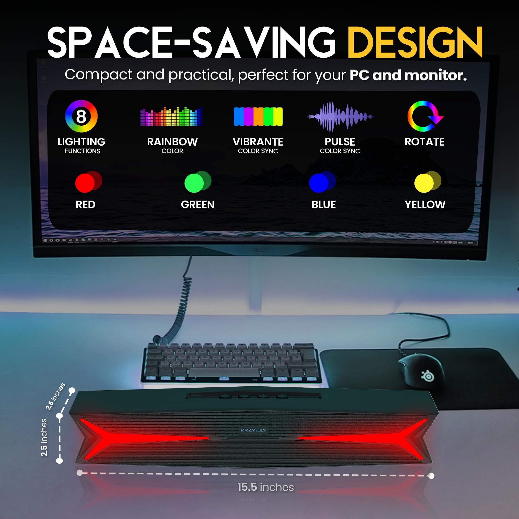 Soundbar desktop per computer da 15,5 pollici, soundbar Bluetooth con luci LED RGB, bassi trasparenti, AUX, USB, USB-C, soundbar per proiettori, TV, smartphone, console di gioco e laptop