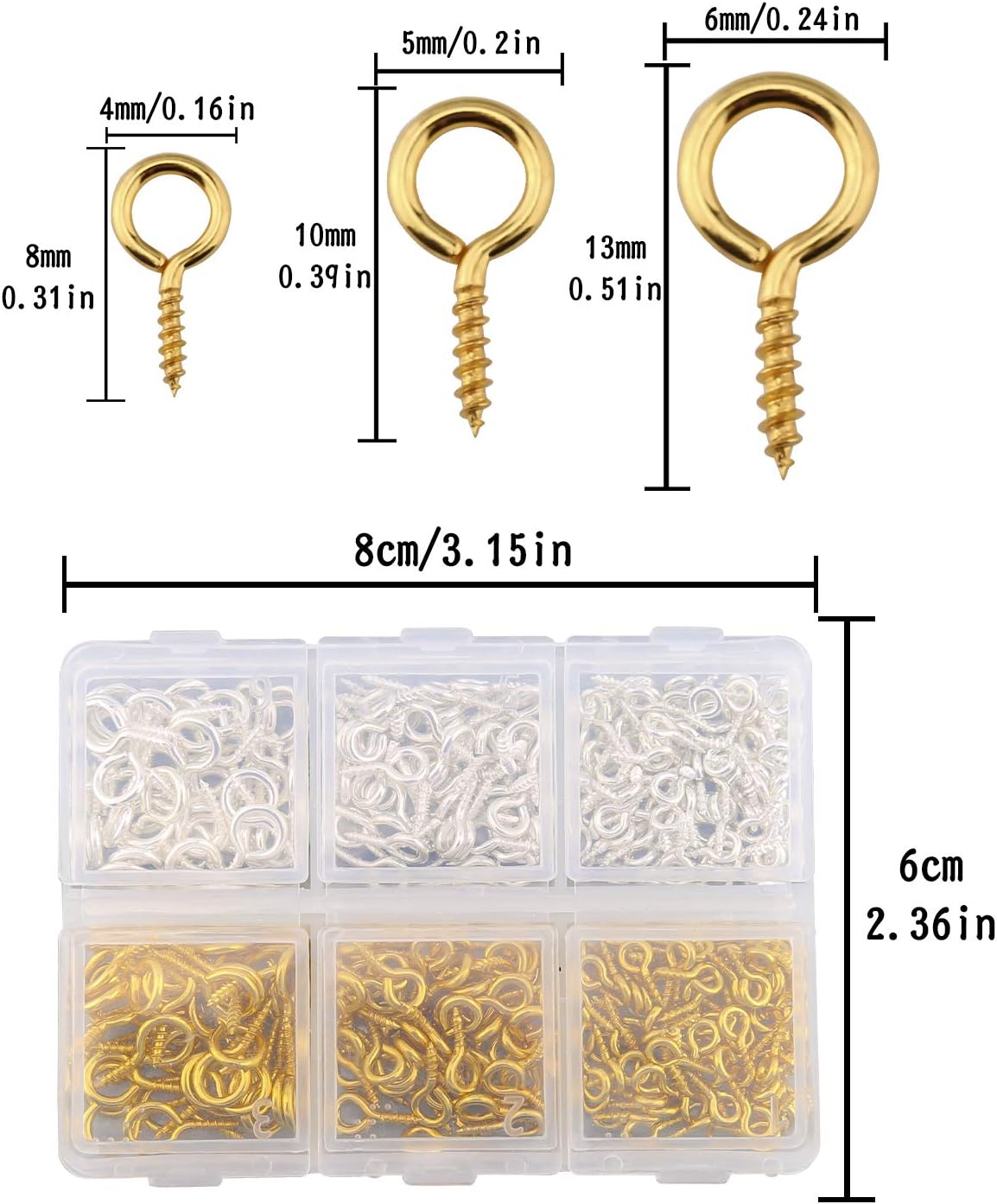 TOYMIS 400pcs Small Screw Pins Eye Pins Pendants for DIY Crafts Jewelry Making Results Supplies (Gold and Platinum, 3 Different Sizes)