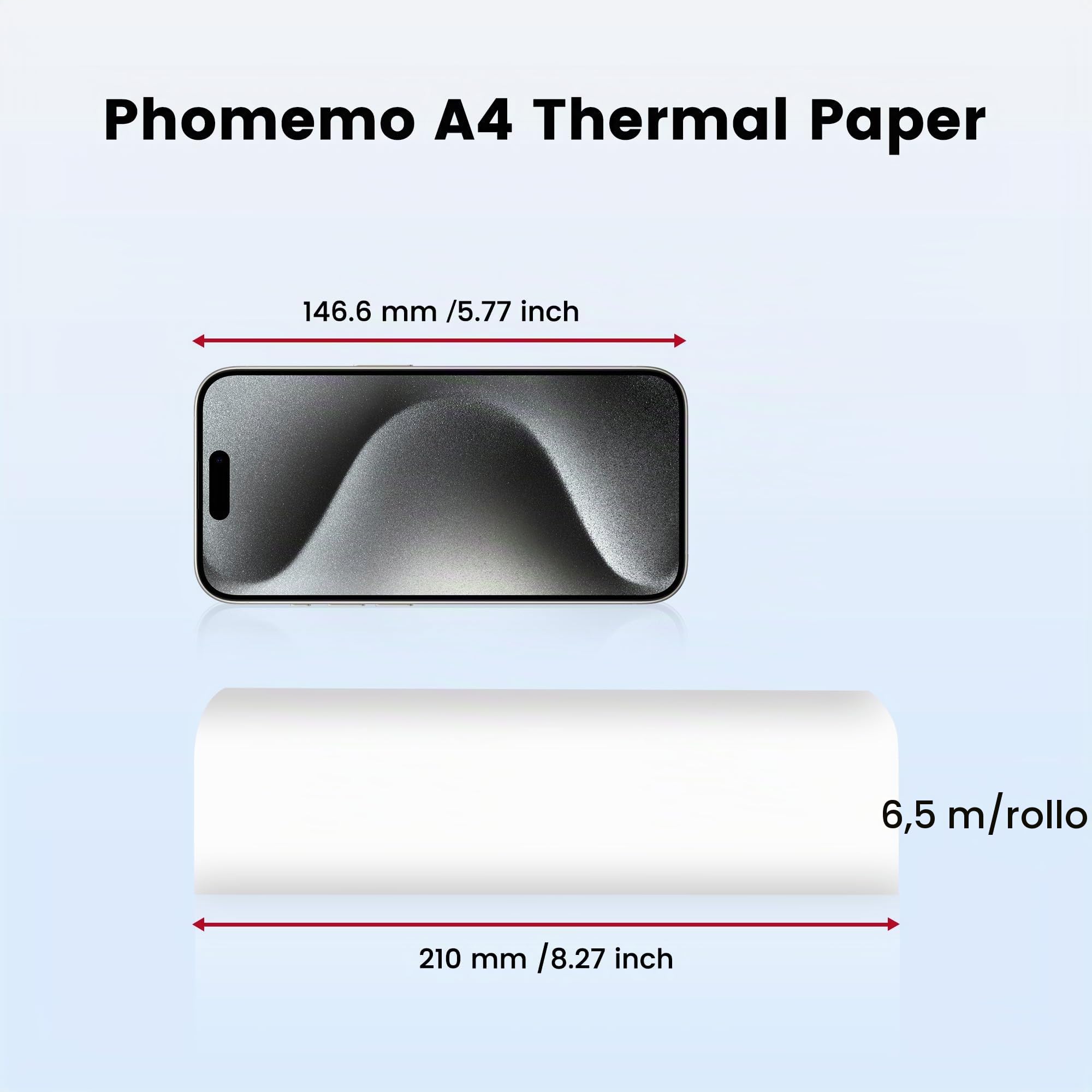 Phomemo Papel de Impresión Térmica A4 2 Rollos, Compatible con la Impresora Portátil Phomemo M832/M834 para Viajes, Hogar, Foto, Contratos, 210x297 mm Papel de Impresión Térmica, 20 Hojas/Rollo