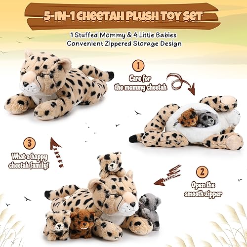 Miniatura 9 de Juego de 5 piezas de animales de peluche de guepardo de 14 pulgadas, adorable peluche de mamá guepardo con 4 lindos cachorros en su barriga, suave