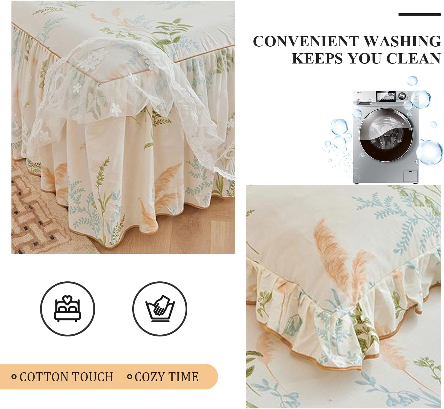 Cotton Printed Bed Skirt for King Size Bed Wrap Around Bedding Dust Ruffle Bedskirt Sets with 2 Packs Matching Pillow Covers -Suitable for Single/Queen Size Beds,B,120 * 200+Pillowcase