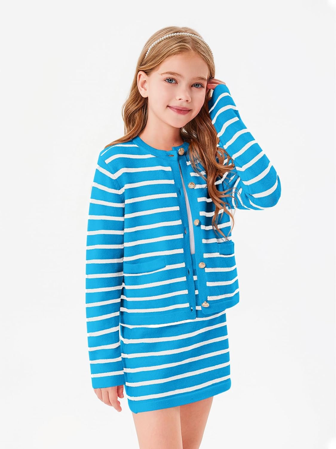 Haloumoning Girls Fall 2 Piece Outfits Striped Button Down Cardigan and Skirt Sets with Pockets 5-14 Years