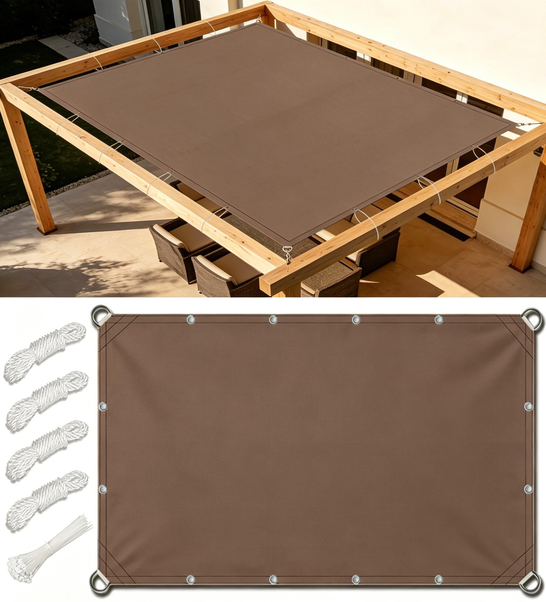 Toldo Vela Bordes Rectos Impermeable 1.2x3m Toldos Exterior Terraza Rectangular Toldo Vela de Sombra con Ojales y Cuerdas de Sujeción 95% protección UV para Exterior Patio Jardín Marrón