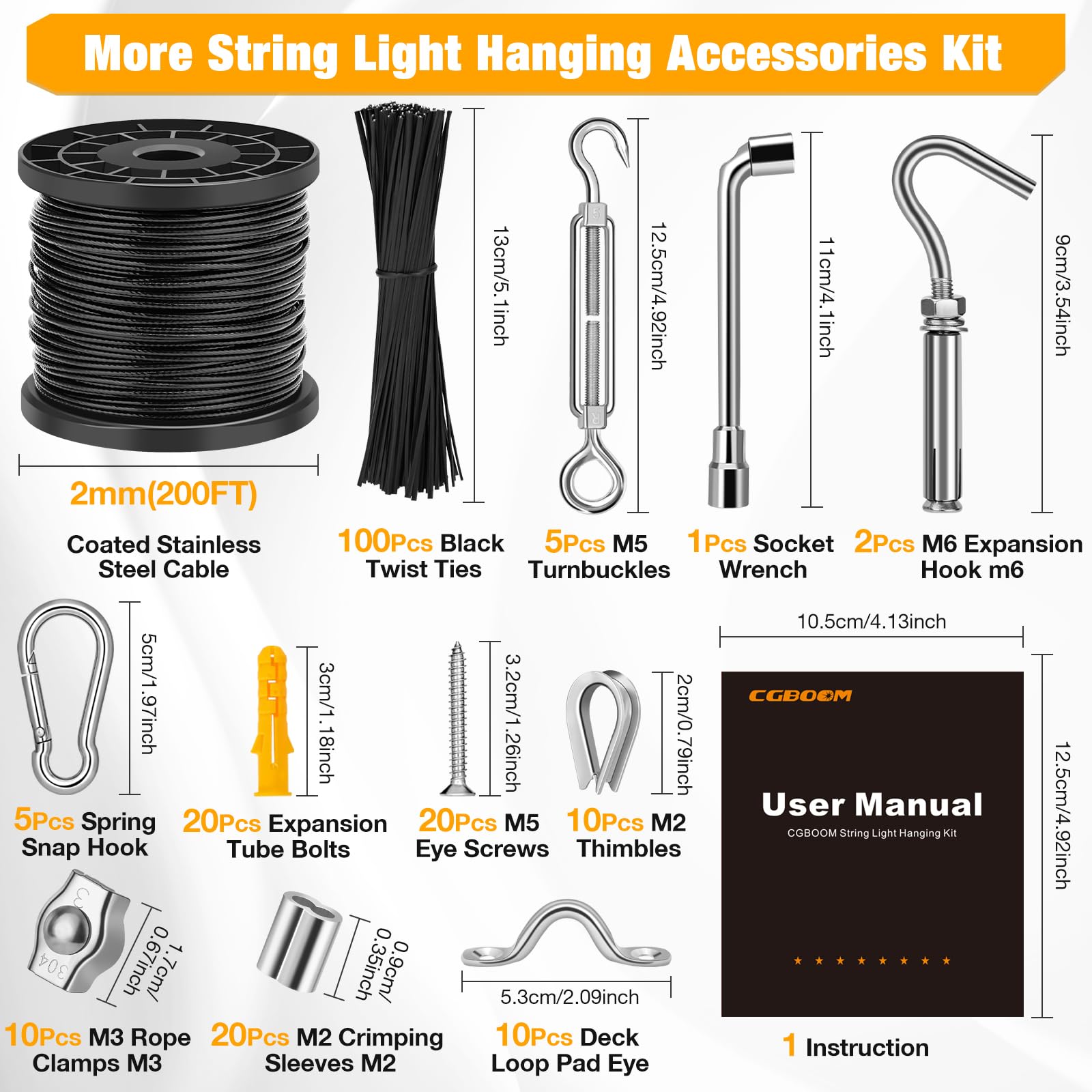 CGBOOM Fune metallica, 60 m, cavo in acciaio inox da 1/16, kit per appendere cavi in vinile nero con tenditori e ganci per sistema di ringhiere per ponte, appendere luci esterne, recinzione da