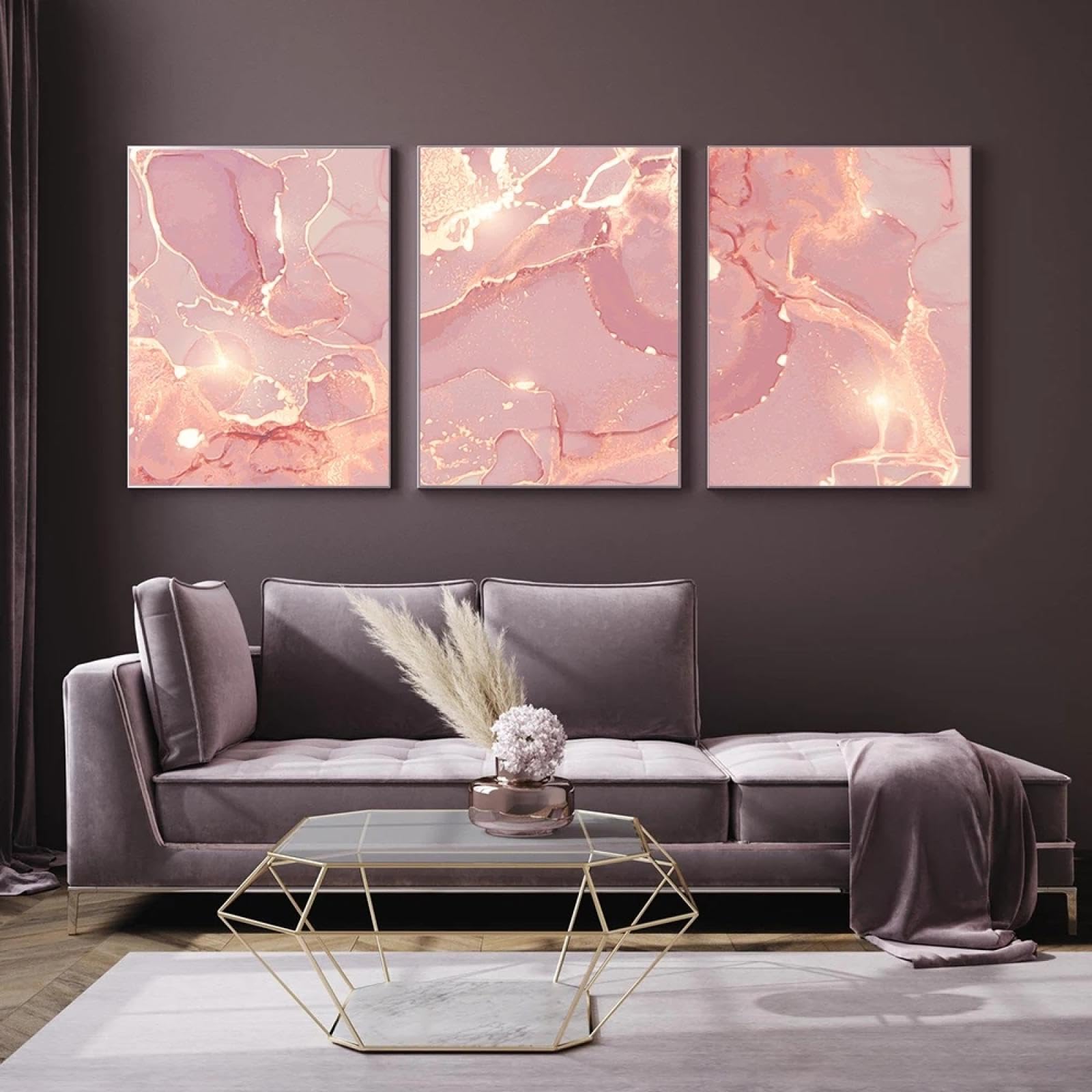 Affiche d'art mural abstrait marbre rose doré 80x110cm triptyque sans cadre - 8