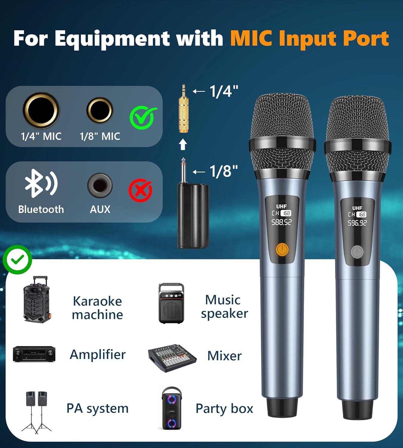 UHF Wireless Microphones, Rechargeable Dual Handheld Microphones with 1/4" Receiver, Adjustable Frequency & Volume, Plug-and-Play for Karaoke Singing, Outdoor Events, PA Systems