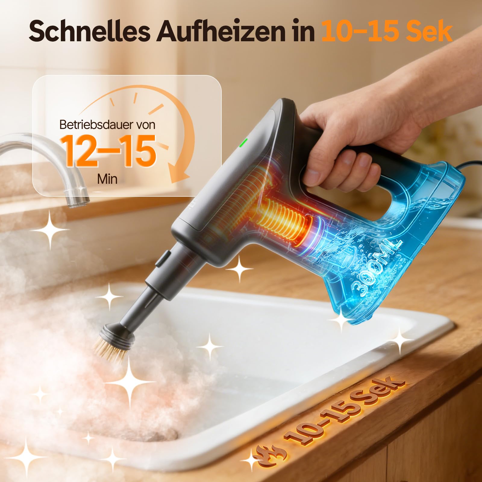 Nettoyeur Vapeur, Balai Vapeur démontable chauffe en 15s, 145℃ nettoyage à la vapeur sans produits chimiques, Steam Cleaner Portable pour Parquets Carrelages Joints Fenêtres Salles de Bains Cuisines