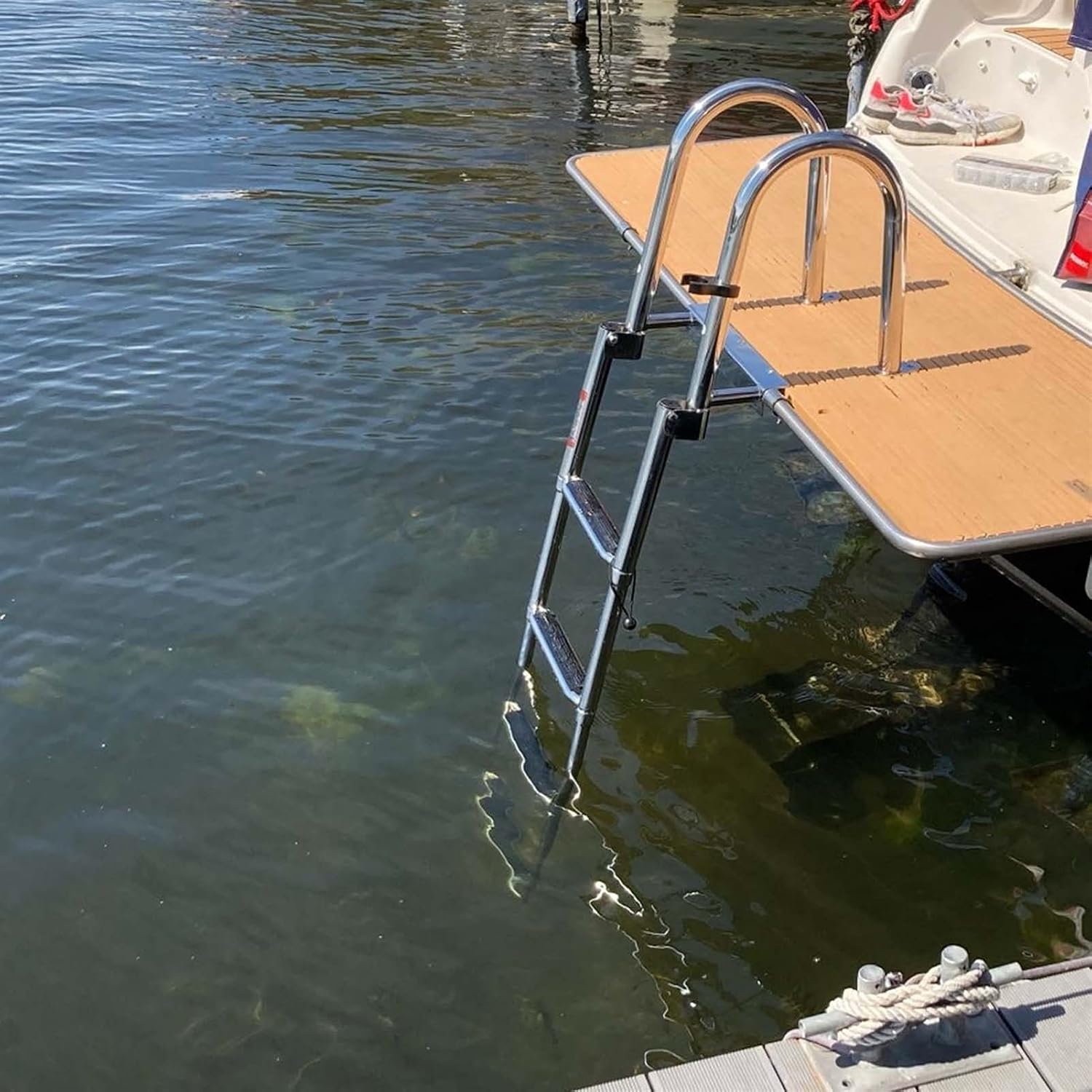 Telescopic 4 Step Ladder for Pool/Boat,Bath Ladder for Platform,Pontoon Marine Folding Telescoping Rear Entry Inboard Ladders with Handles &Wide Pedal