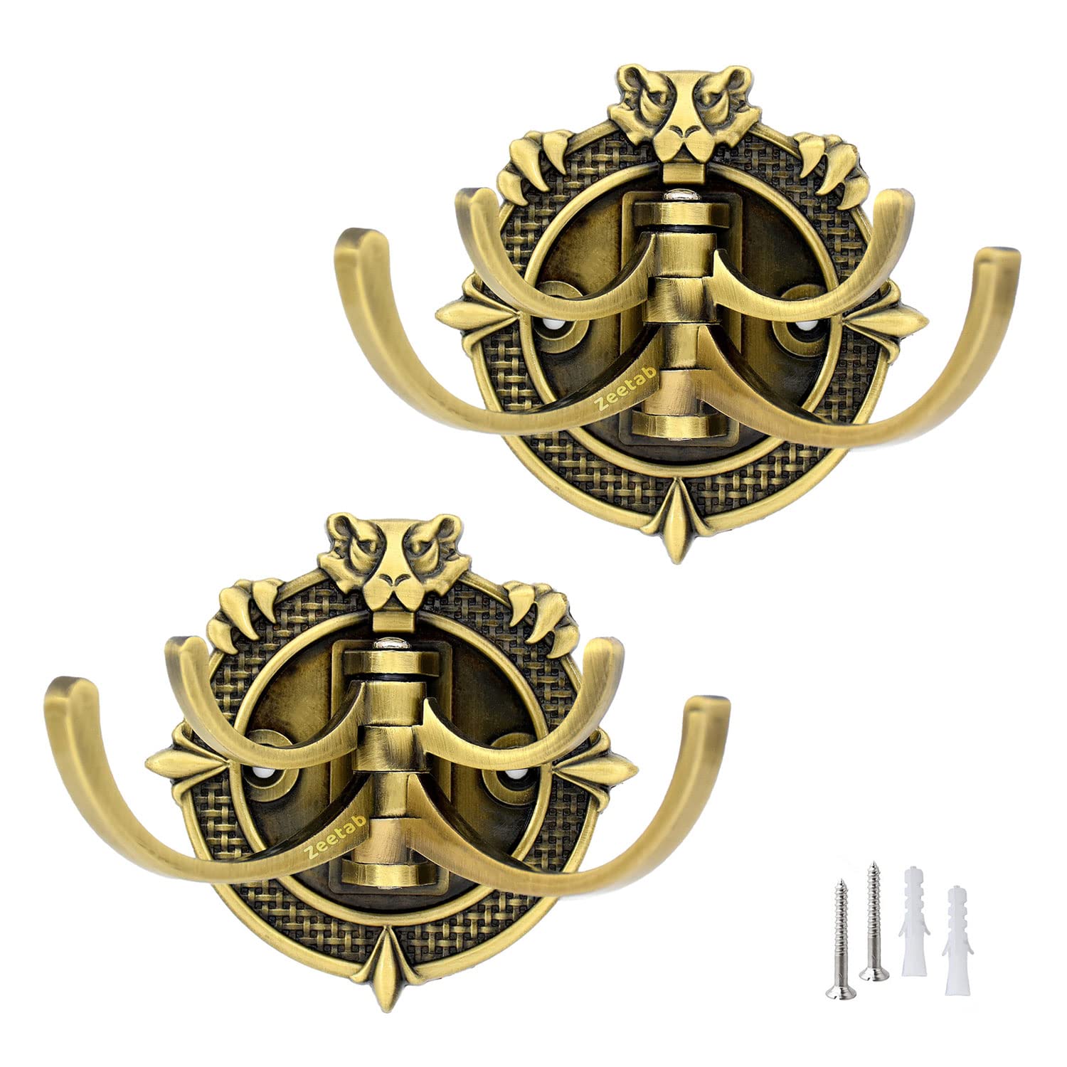 Zeetab Adjustable Cloth Hanger with 4 Hook | Royal Wall Mount Brass Key Holder | Antique Metal Rail & Robe for Bathroom Towel (Pack of 2, Lion Antique) (B0BVK8F5X9) Amazon Price History, Amazon Price Tracker
