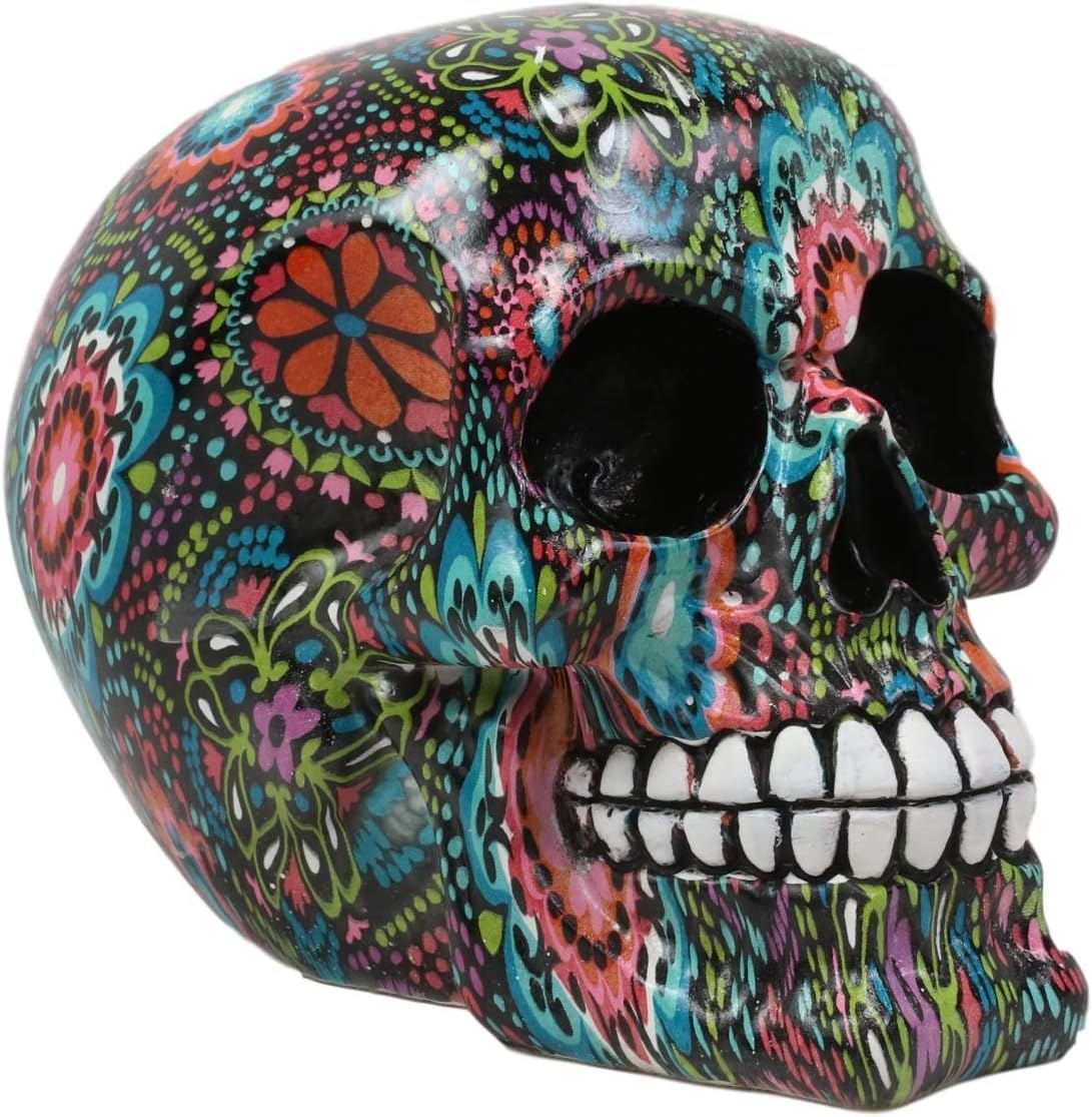 Ebros Gift Day of The Dead Colorful Beads and Floral Blossoms Design Sugar Skull Statue As Decorative Halloween Prop Gothic Haunted Themed Skeleton Cranium Figurine