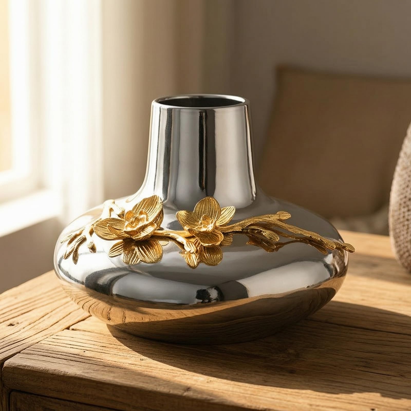 predolo Florero con Acabado Plateado Elegante Jarrón con Cuello Estrecho Dorado Jarrones para Mesa Centro