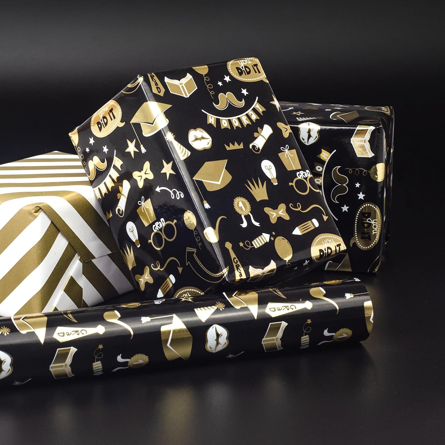 LDGOOAEL Mini Wrapping Paper Roll - Reversible Design (17 Inches X 32.8 Feet) - Black Gold for Graduation Day, Birthday, Baby Shower
