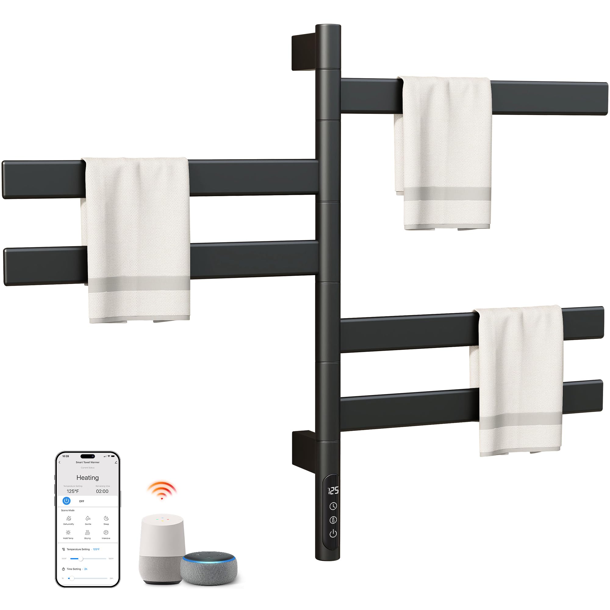 enze smart rotating heated towel rack for bathroom, 5-bar wall-mounted electric towel warmer with swivel bars, wi-fi app control, 24h timer, stainless steel, ipx5, hardwired/plug-in, gray
