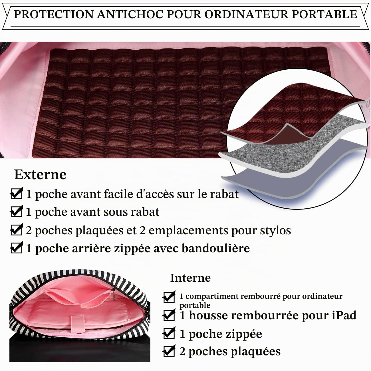 RAVUO Sacoche Femme,Résistant À L'eau Sac Ordinateur Sac Pc Portable 15.6 Pouces Grand Sac A Main Sac Bandouliere Pour Travail Business L'École Collège Noir