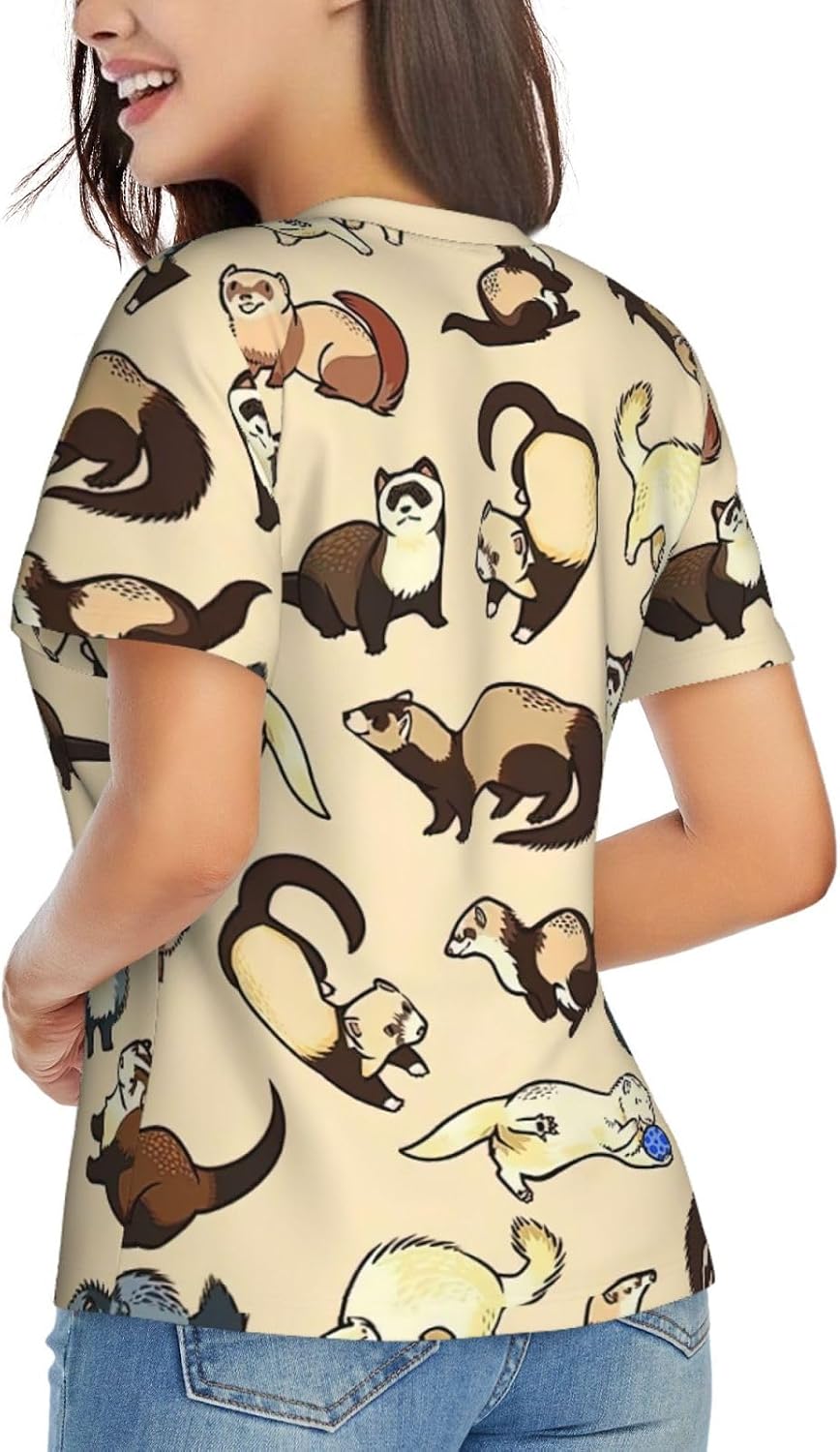 Womens Hairy Ferret Print Short Sleeve V Neck T-Shirts Casual Breathable Tee Basic Summer Tops 2026