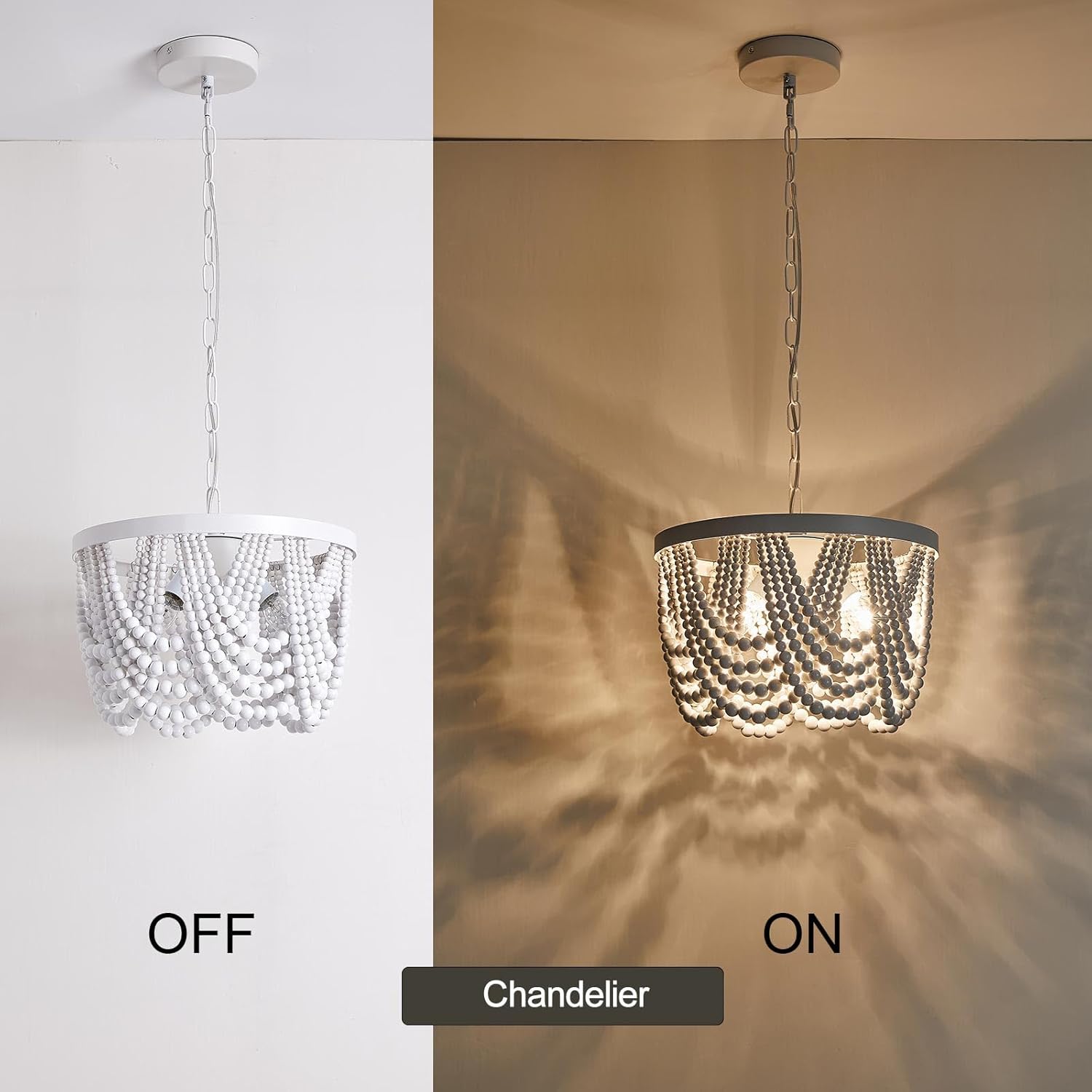 Farmhouse Boho Flush Mount Ceiling Light,3-Light White Wood Bead Chandeliers,Bohemian Hanging Pendant Lighting Fixture for Bedroom,Living Room,Entryway,Hallway