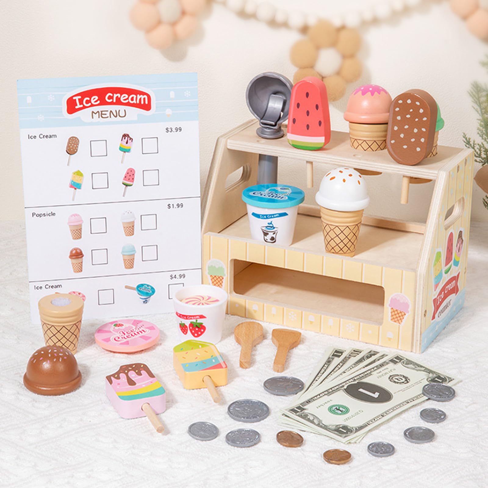 Interaktives Eisdielen Spielset aus Holz für fantasievolle Lernaktivitäten 3 Jahren Rollenspiel Eisdiele mit Schaufeln und Waffeln