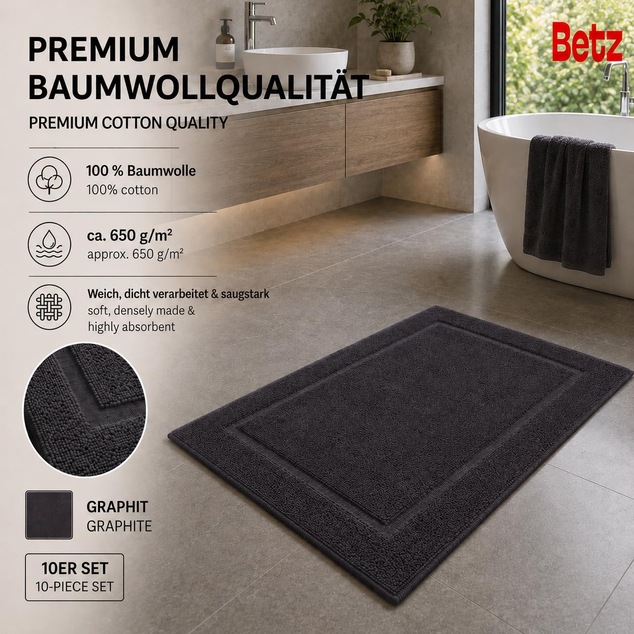 Betz 10 mat łazienkowych rozmiar premium szer. 50 x dł. 70 cm 100% bawełna jakość 650 g/m² kolor grafitowy