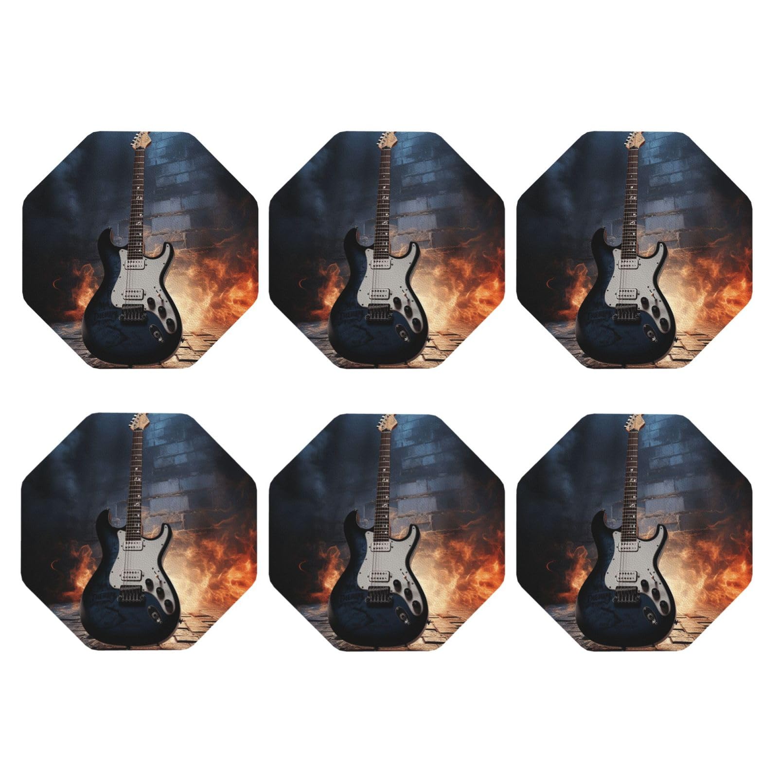 6Pcs PU Leather Coaster for Drinks, Electric Guitar Cup Coastersr 4" Cup Mat Pad, Aesthetic Drink Coasters for Coffee Table, Octagon Coaster for Tabletop Protection