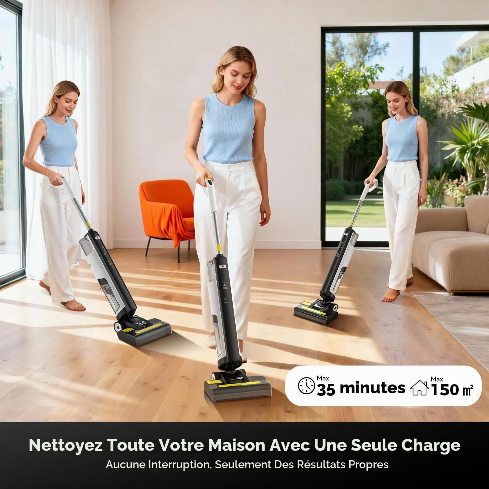 W12SE Aspirateur Laveur Sans Fil, 12000 Pa Puissance d'Aspiration, Lavage et Aspiration, Design Anti-Enchevêtrement, Désinfection par Électrolyse, 45 Minutes d'Autonomie, Réservoir Double 1,15L