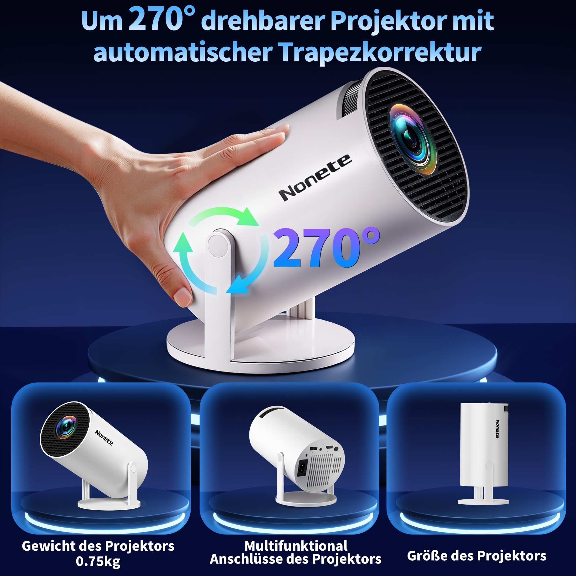 Mini Projector 4K 1080P Full HD Beamer with WiFi 6 BT 5.2, Automatic Keystone 270° Dreh, HDMI/TV Stick/Laptop, Weiß