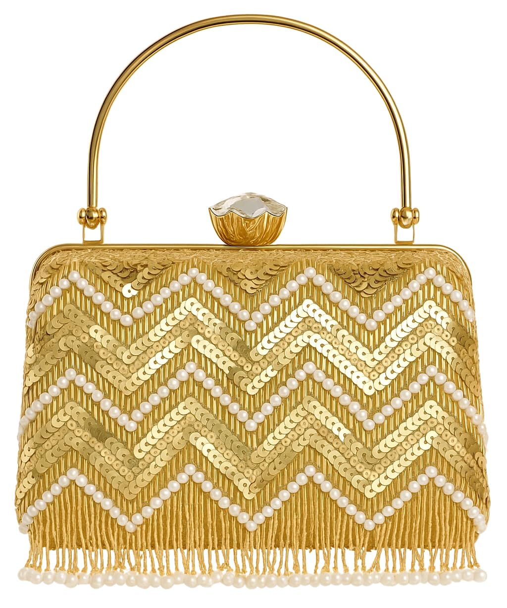 Golden Clutch for Women | Wedding & Party Clutch for Girls | Pearl Sequin Bridal Purse | Designer Evening Bag with Zigzag Embroidery & Metal Handle | Stylish Handbag-image-4