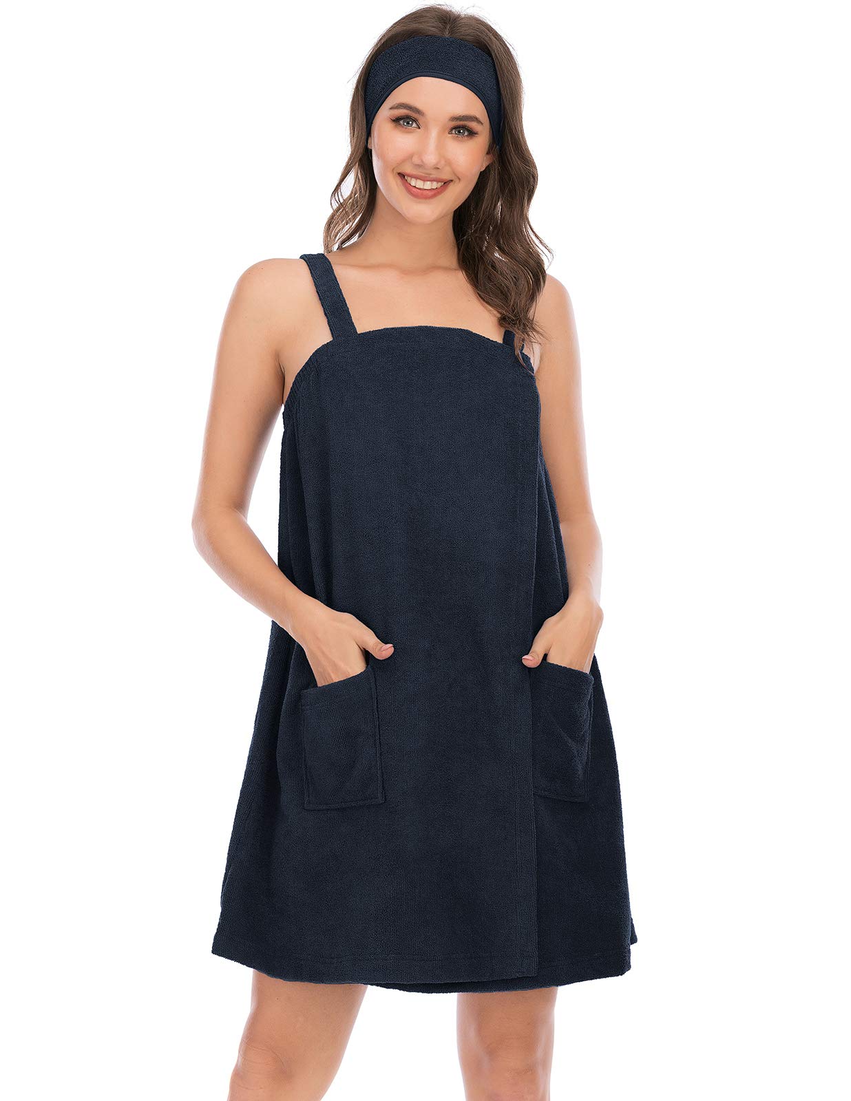 VeseackyWomen Bath Wrap Towel for Shower with Pocket Adjustable Robe & Facial Headband S-3XL