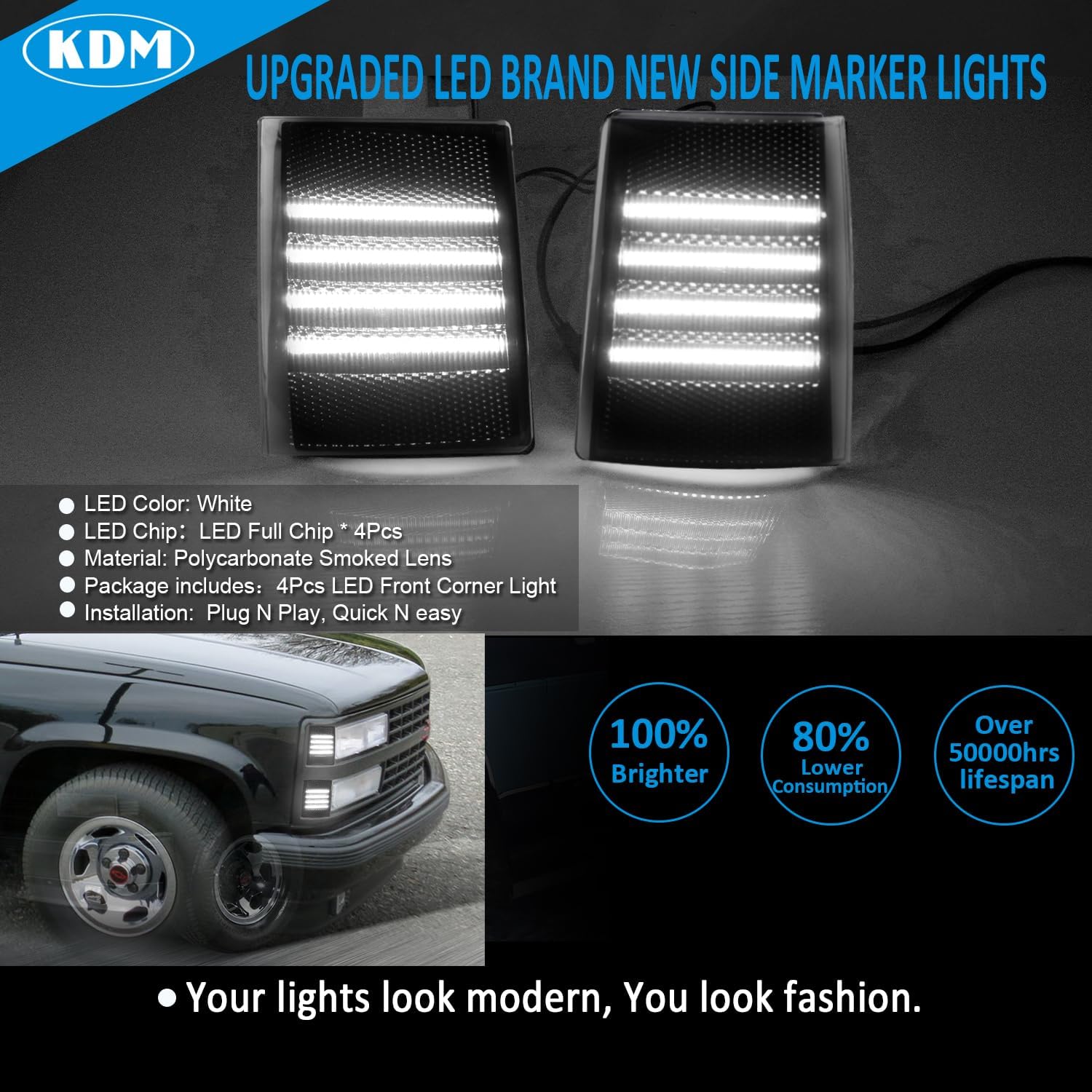 KDM Smoked Lens LED Front Bumper Corner Side Marker Light Fit for 1988-1993 Chevy Silverado C/K 1500 2500 3500 C10 Suburban Tahoe,Pickup Truck,Corner Signal Lamp Bright White,4Pack