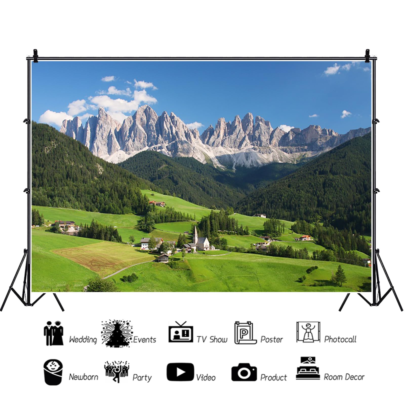 10x8ft Mountain Backdrop Alps Mountain Swiss Mountains Landscape Photography Background Nature Mountain Forest Green Hills Village Banner Outdoor Decorations Photo Booth Props