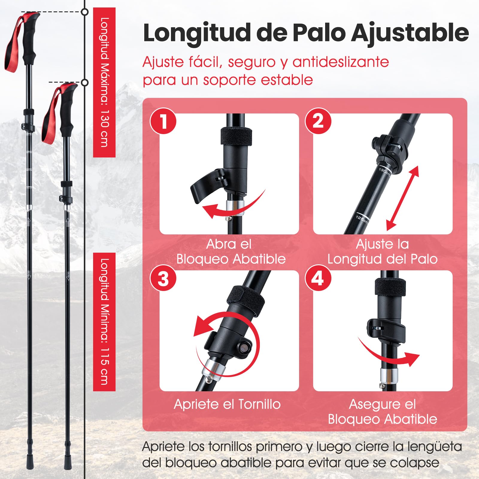 COSTWAY Bastones de Senderismo Plegables, Bastones Trekking de Aleación de Aluminio, Marcha Nordica, Ajustable 115-130CM, Mango de EVA, Correa Ajustable, Accesorios Todoterreno