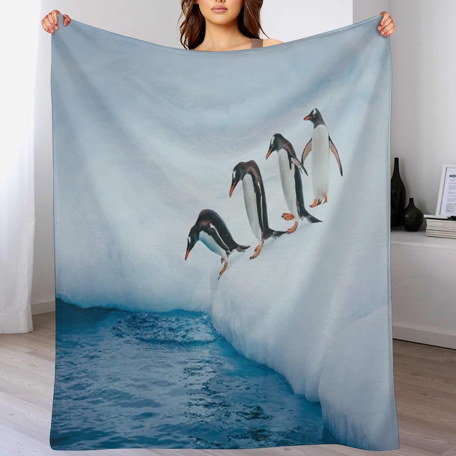 Couverture jeté flannel pingouin 140x180cm plaid doux pour canapé
