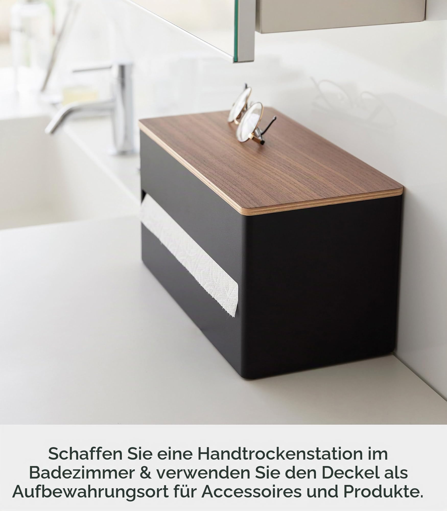 Yamazaki 1644 RIN Küchenrollenhalter, schwarz, Stahl/Holz/Silikon, minimalistisch, 16,2 x 31,2 x 17 cm