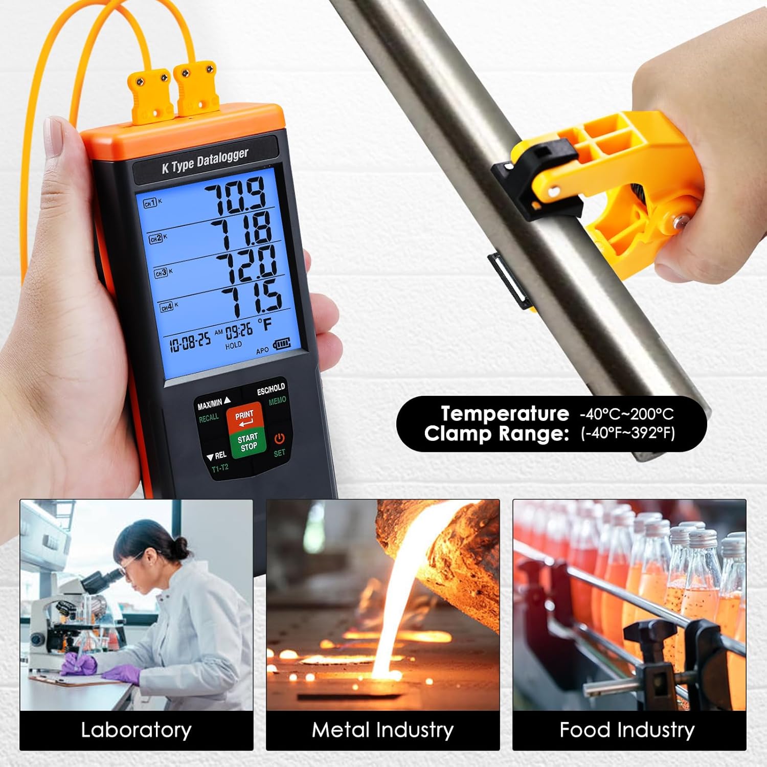 4-Channel Digital K Type Thermocouple Thermometer Data Logger with 48k DataLogging, USB Export, GLP-Compliant & Alarms, -328~2498°F Measuring Range with 4 Thermocouples & 2 Temperature Clamps for HVAC