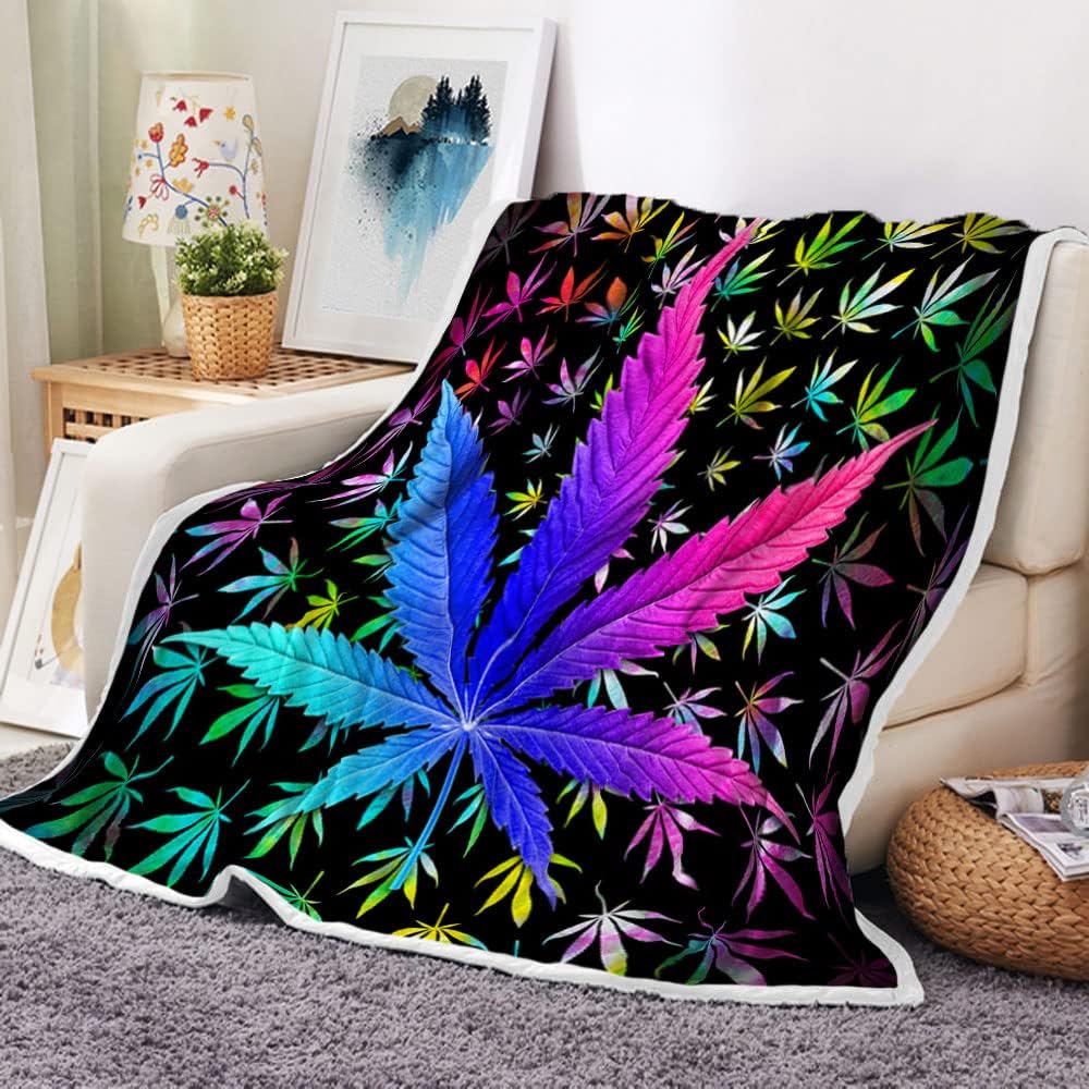 Cool Trippy Weed Throw Blanket, Neon Tie Dye Marijuana Leaf Cannabis Art Fleece Blanket, Colourful Soft Flannel Throw Blanket for Chair Bed Sofa Couch, 60X80IN