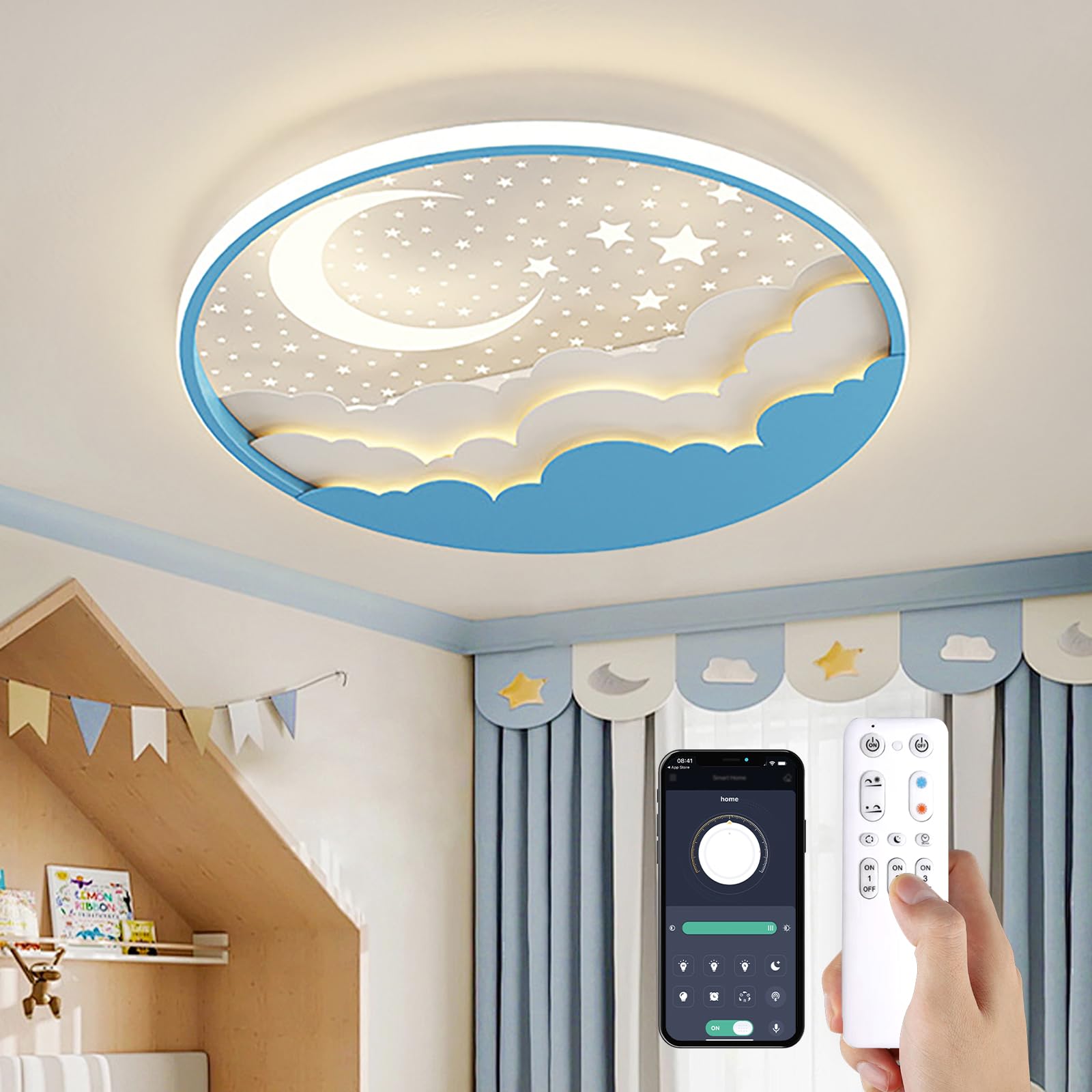YZBEIMDAI Lampada da soffitto a LED per bambini, 50cm Stella Luna Plafoniera Cameretta Bambini Dimmerabile con Telecomando APP, 3000-6000K, Per Ragazzi Ragazze Cameretta