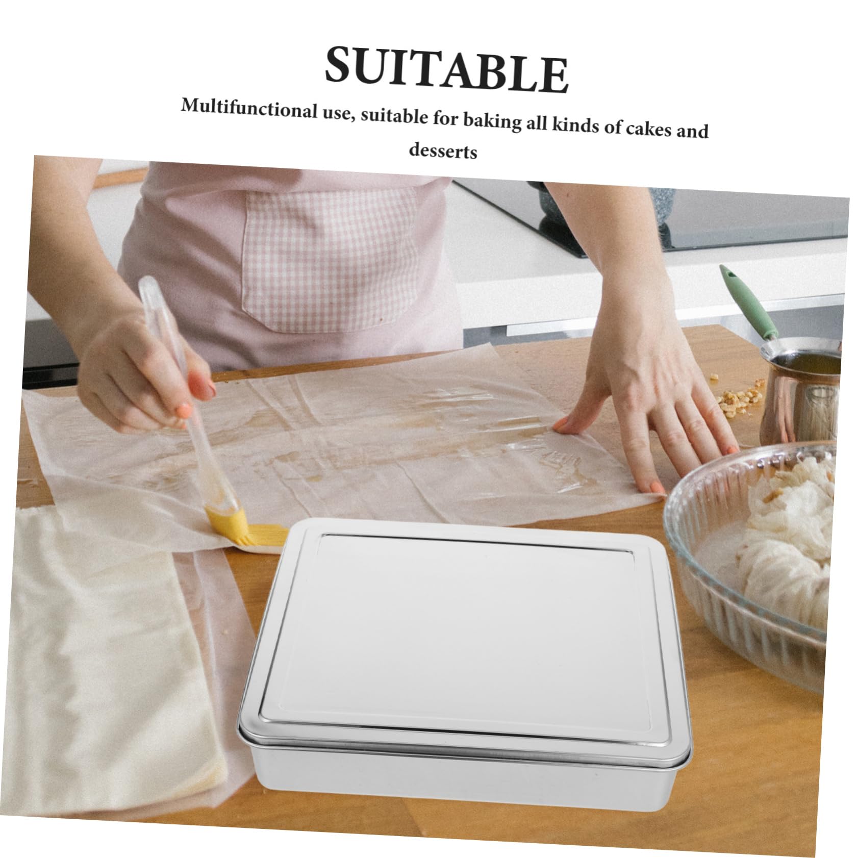 Kuchenform mit Deckel für Backen | Edelstahl, Backbehälter für Tiramisu und Kuchen, mit Deckel, 13.39×11.61×2.72 In, ideal für Familienfeiern kleine Partys